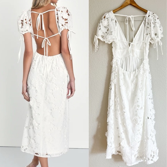 Flourishing Blossoms White 3D Floral Backless Midi Dress - Picture 3 of 11